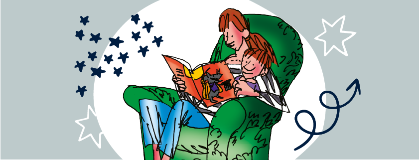 image of an illustrated woman and child in a green armchair, reading