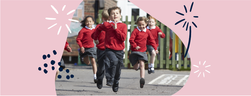 image of children running in school uniform