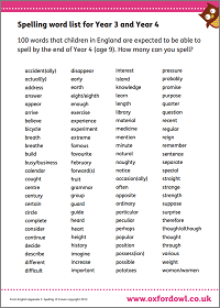 Image of Year 3 and Year 4 Spelling word list