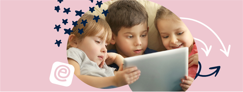 image of children clustered around a tablet reading