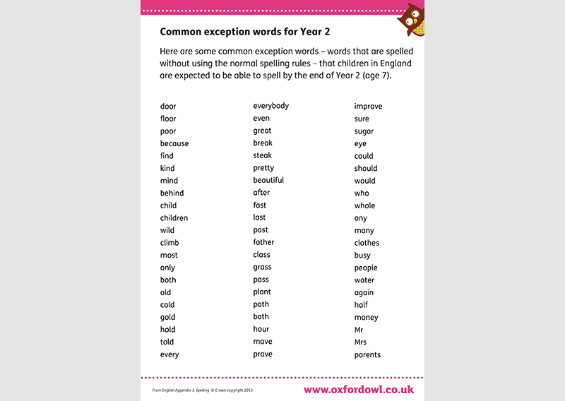 Common Exception Words Year 2 Tick List